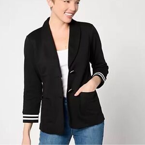 Susan Graver Weekend Marina Knit 3/4 Sleeve Ribbed Cuff Blazer Black/White 1X